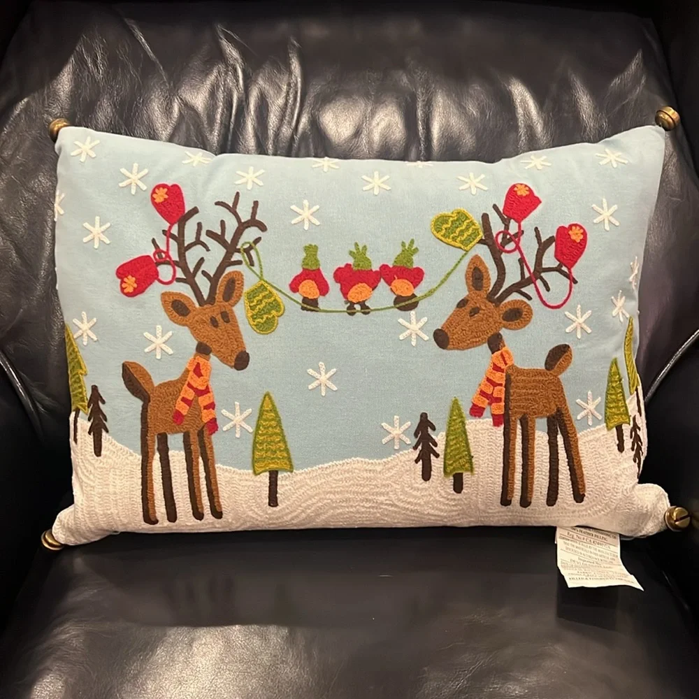 NWT Reindeer Christmas Crewel Throw Pillow Devi Designs
